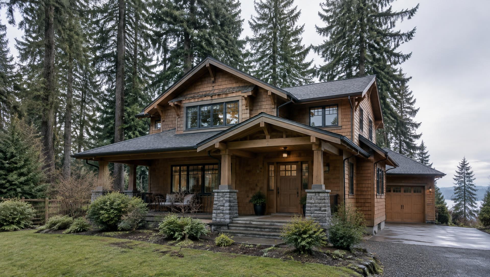 Cedar-shingled craftsman house beneath tall evergreen trees