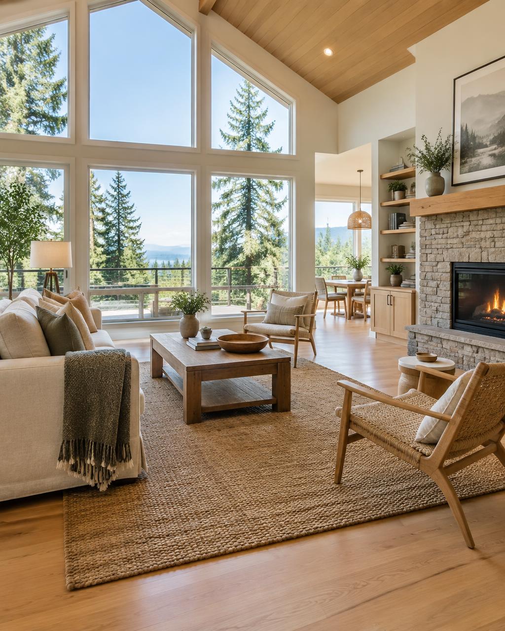 Bright living room with tall windows facing evergreen trees